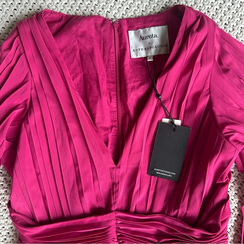 Anthropologie Aureta Pleated Long-Sleeve V Neck Midi Dress Raspberry Sz S NEW - Picture 9 of 11